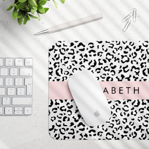 Leopard Print, Spots, Black And White, Your Name Mouse Mat