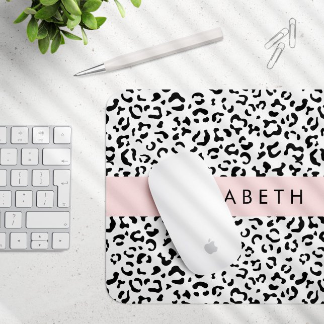 Leopard Print, Spots, Black And White, Your Name Mouse Mat (Creator Uploaded)