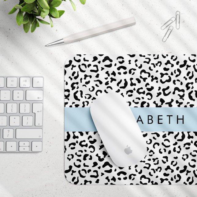 Leopard Print, Spots, Black And White, Your Name Mouse Mat (Creator Uploaded)