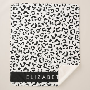 Leopard Print, Spots, Black And White, Your Name Sherpa Blanket
