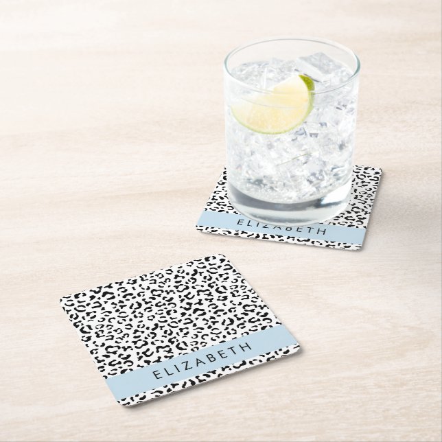 Leopard Print, Spots, Black And White, Your Name Square Paper Coaster (Insitu)