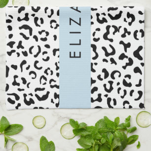 Leopard Print, Spots, Black And White, Your Name Tea Towel
