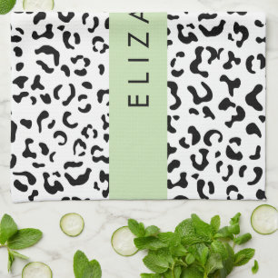 Leopard Print, Spots, Black And White, Your Name Tea Towel