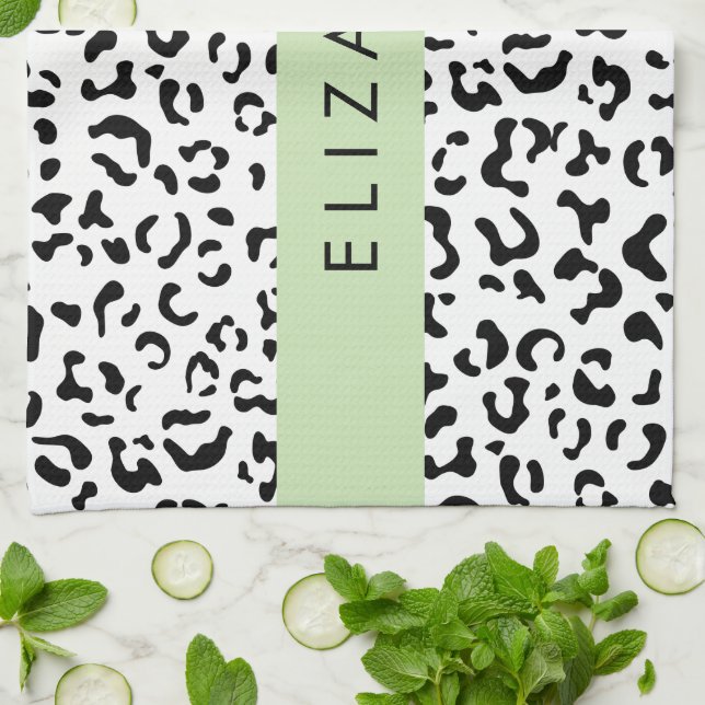 Leopard Print, Spots, Black And White, Your Name Tea Towel (Folded)