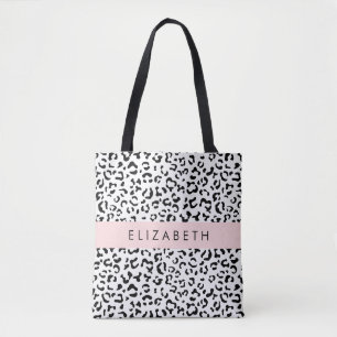 Leopard Print, Spots, Black And White, Your Name Tote Bag
