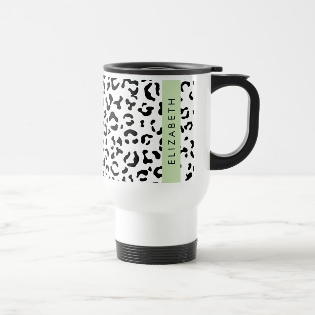 Leopard Print, Spots, Black And White, Your Name Travel Mug (Right)