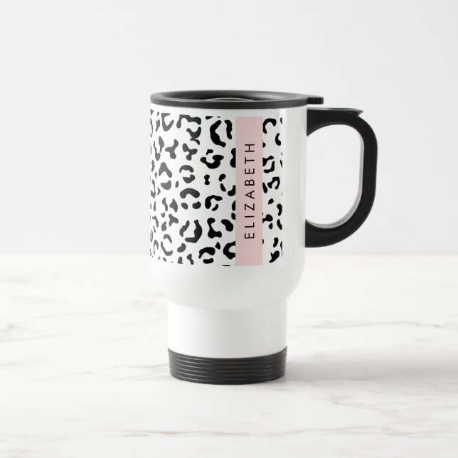 Leopard Print, Spots, Black And White, Your Name Travel Mug (Right)