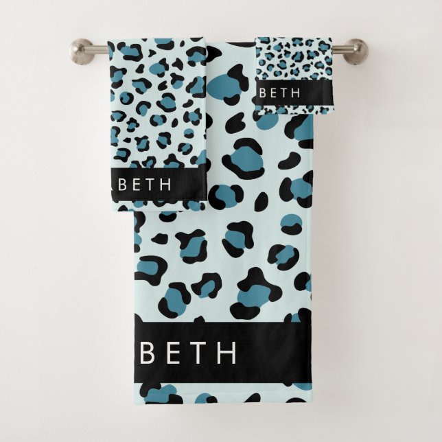 Leopard Print, Spots, Blue Leopard, Your Name Bath Towel Set (Insitu)