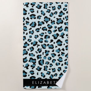 Leopard Print, Spots, Blue Leopard, Your Name Beach Towel
