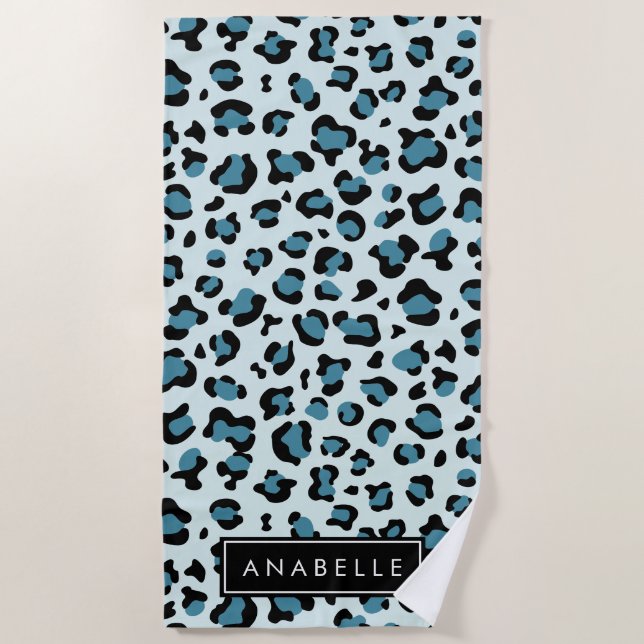 Leopard Print, Spots, Blue Leopard, Your Name Beach Towel (Front)