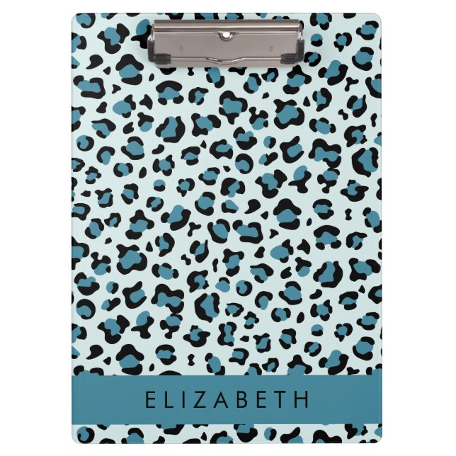 Leopard Print, Spots, Blue Leopard, Your Name Clipboard (Front)