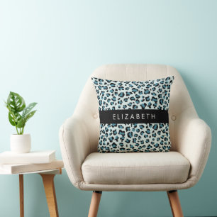 Leopard Print, Spots, Blue Leopard, Your Name Cushion