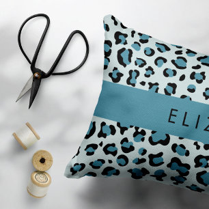 Leopard Print, Spots, Blue Leopard, Your Name Decorative Cushion