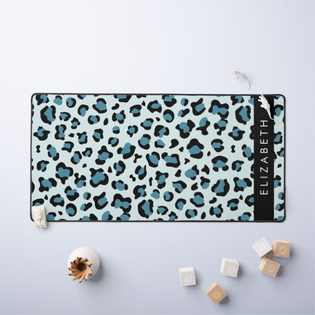 Leopard Print, Spots, Blue Leopard, Your Name Desk Mat (Kids Table)