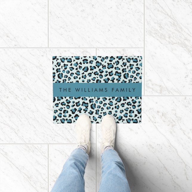 Leopard Print, Spots, Blue Leopard, Your Name Doormat (Indoor)