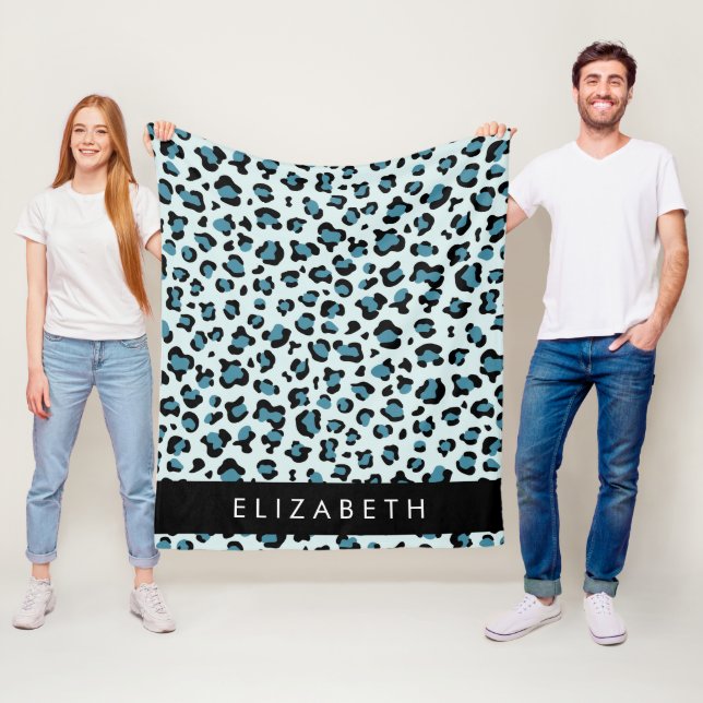 Leopard Print, Spots, Blue Leopard, Your Name Fleece Blanket (In Situ)