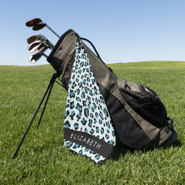 Leopard Print, Spots, Blue Leopard, Your Name Golf Towel (Green)