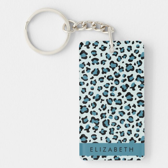 Leopard Print, Spots, Blue Leopard, Your Name Key Ring (Front)