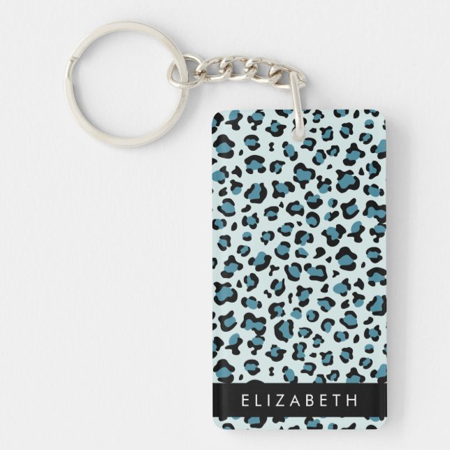 Leopard Print, Spots, Blue Leopard, Your Name Key Ring (Front)