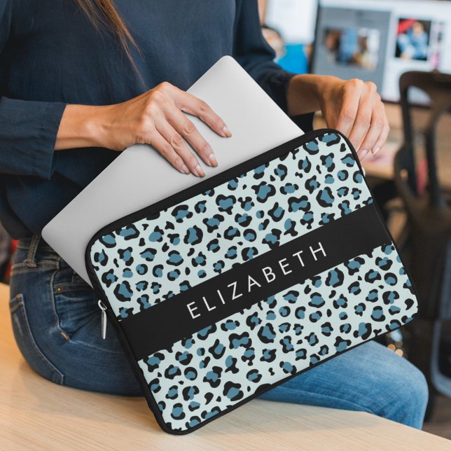 Leopard Print, Spots, Blue Leopard, Your Name Laptop Sleeve (Creator Uploaded)