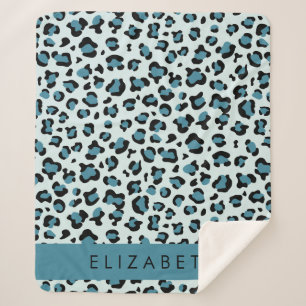 Leopard Print, Spots, Blue Leopard, Your Name Sherpa Blanket