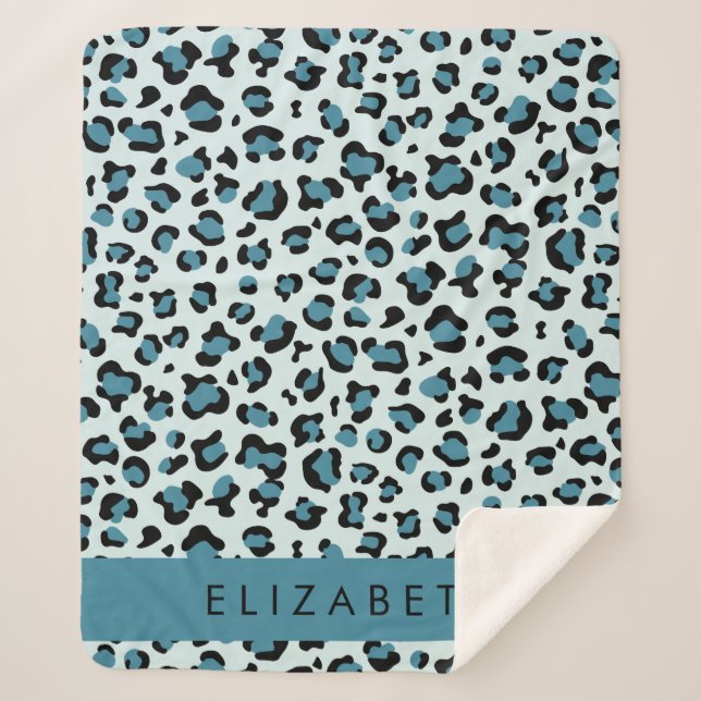 Leopard Print, Spots, Blue Leopard, Your Name Sherpa Blanket (Front)