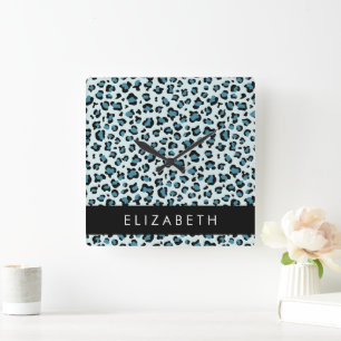 Leopard Print, Spots, Blue Leopard, Your Name Square Wall Clock