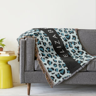 Leopard Print, Spots, Blue Leopard, Your Name Throw Blanket