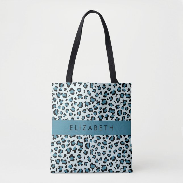 Leopard Print, Spots, Blue Leopard, Your Name Tote Bag (Front)