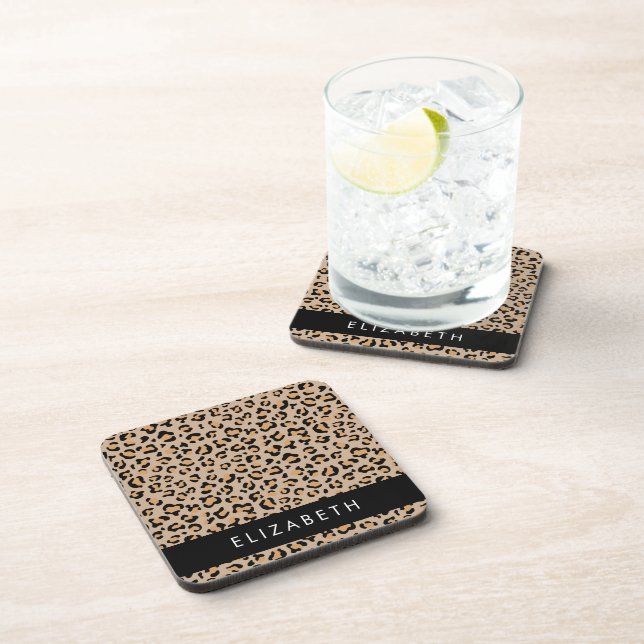 Leopard Print, Spots, Brown Leopard, Your Name Coaster (Right Side)