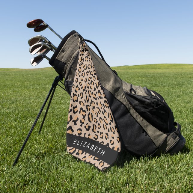 Leopard Print, Spots, Brown Leopard, Your Name Golf Towel (Green)