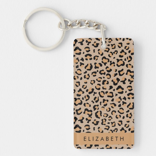 Leopard Print, Spots, Brown Leopard, Your Name Key Ring (Front)