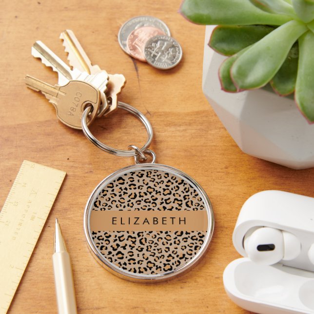 Leopard Print, Spots, Brown Leopard, Your Name Key Ring (Desk)