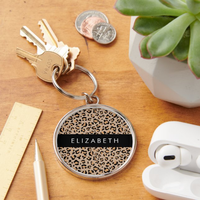 Leopard Print, Spots, Brown Leopard, Your Name Key Ring (Desk)