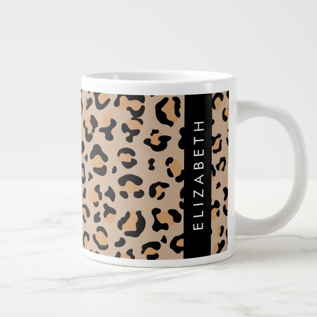 Leopard Print, Spots, Brown Leopard, Your Name Large Coffee Mug (Right)