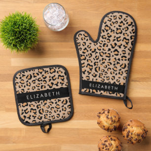 Leopard Print, Spots, Brown Leopard, Your Name Oven Mitt & Pot Holder Set