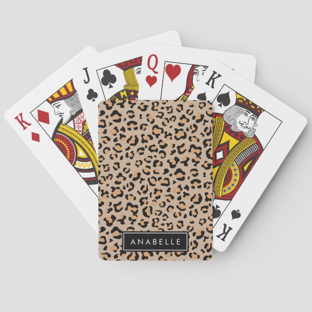 Leopard Print, Spots, Brown Leopard, Your Name Playing Cards (Back)