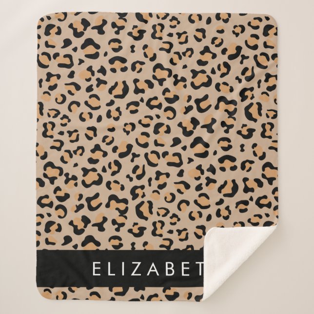 Leopard Print, Spots, Brown Leopard, Your Name Sherpa Blanket (Front)