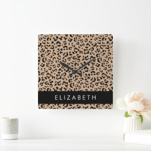 Leopard Print, Spots, Brown Leopard, Your Name Square Wall Clock
