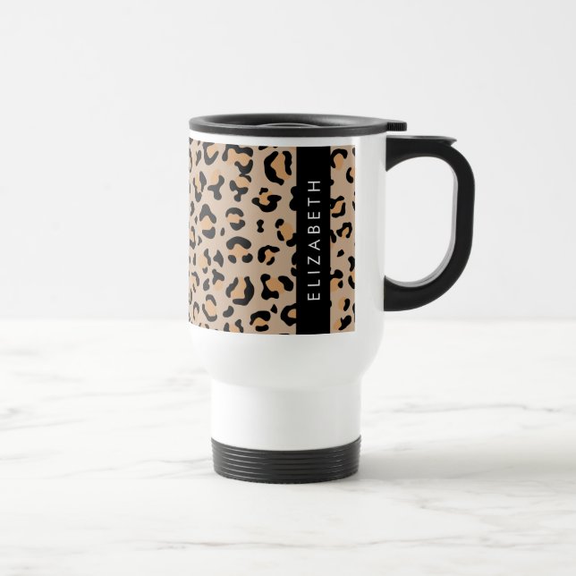 Leopard Print, Spots, Brown Leopard, Your Name Travel Mug (Right)