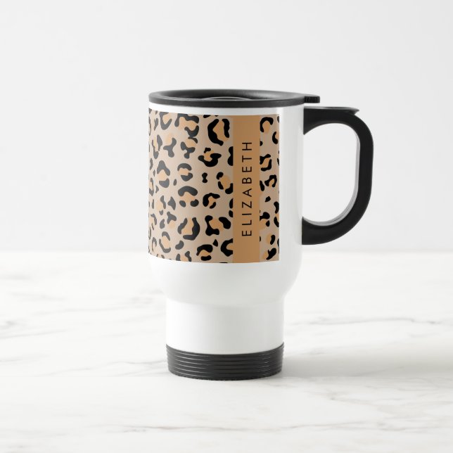 Leopard Print, Spots, Brown Leopard, Your Name Travel Mug (Right)