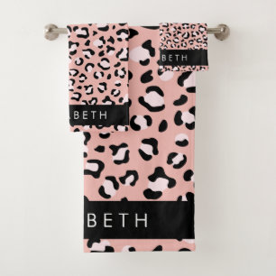 Leopard Print, Spots, Pink Leopard, Your Name Bath Towel Set