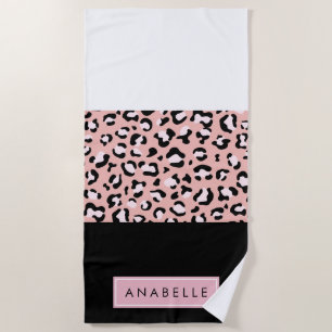 Leopard Print, Spots, Pink Leopard, Your Name Beach Towel