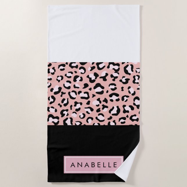 Leopard Print, Spots, Pink Leopard, Your Name Beach Towel (Front)