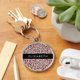 Leopard Print, Spots, Pink Leopard, Your Name Key Ring