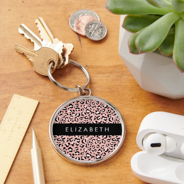 Leopard Print, Spots, Pink Leopard, Your Name Key Ring (Desk)