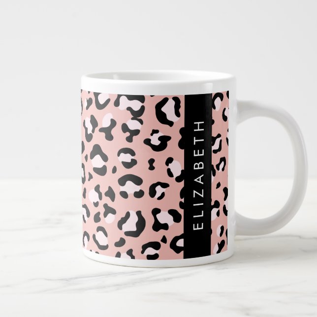 Leopard Print, Spots, Pink Leopard, Your Name Large Coffee Mug (Right)