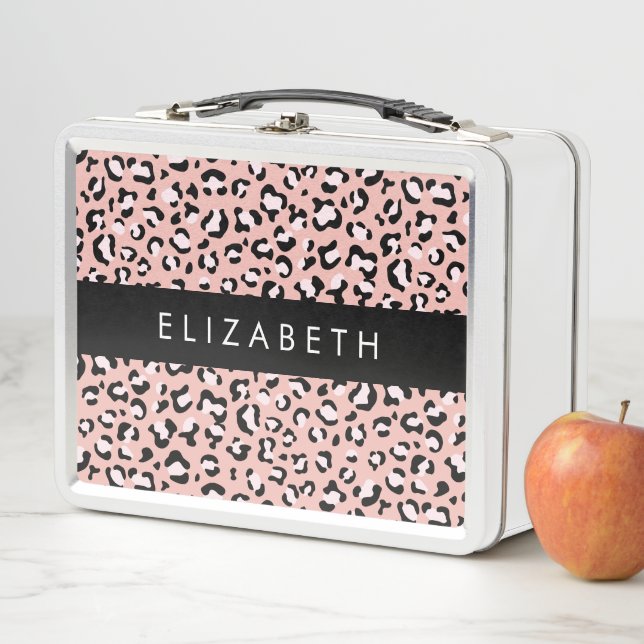 Leopard Print, Spots, Pink Leopard, Your Name Metal Lunch Box (In Situ)