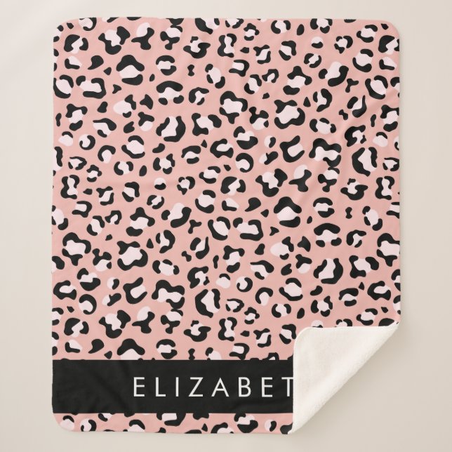 Leopard Print, Spots, Pink Leopard, Your Name Sherpa Blanket (Front)