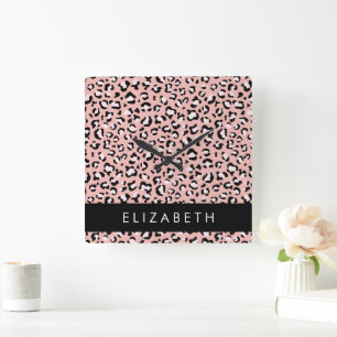 Leopard Print, Spots, Pink Leopard, Your Name Square Wall Clock